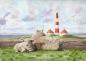 Preview: Postkarte DIN-A6  Aquarell Maritim Kunst Druck Kunstdruck Nordsee St. Peter Ording SPO Westerhever Leuchtturm Meer Strand Schafe